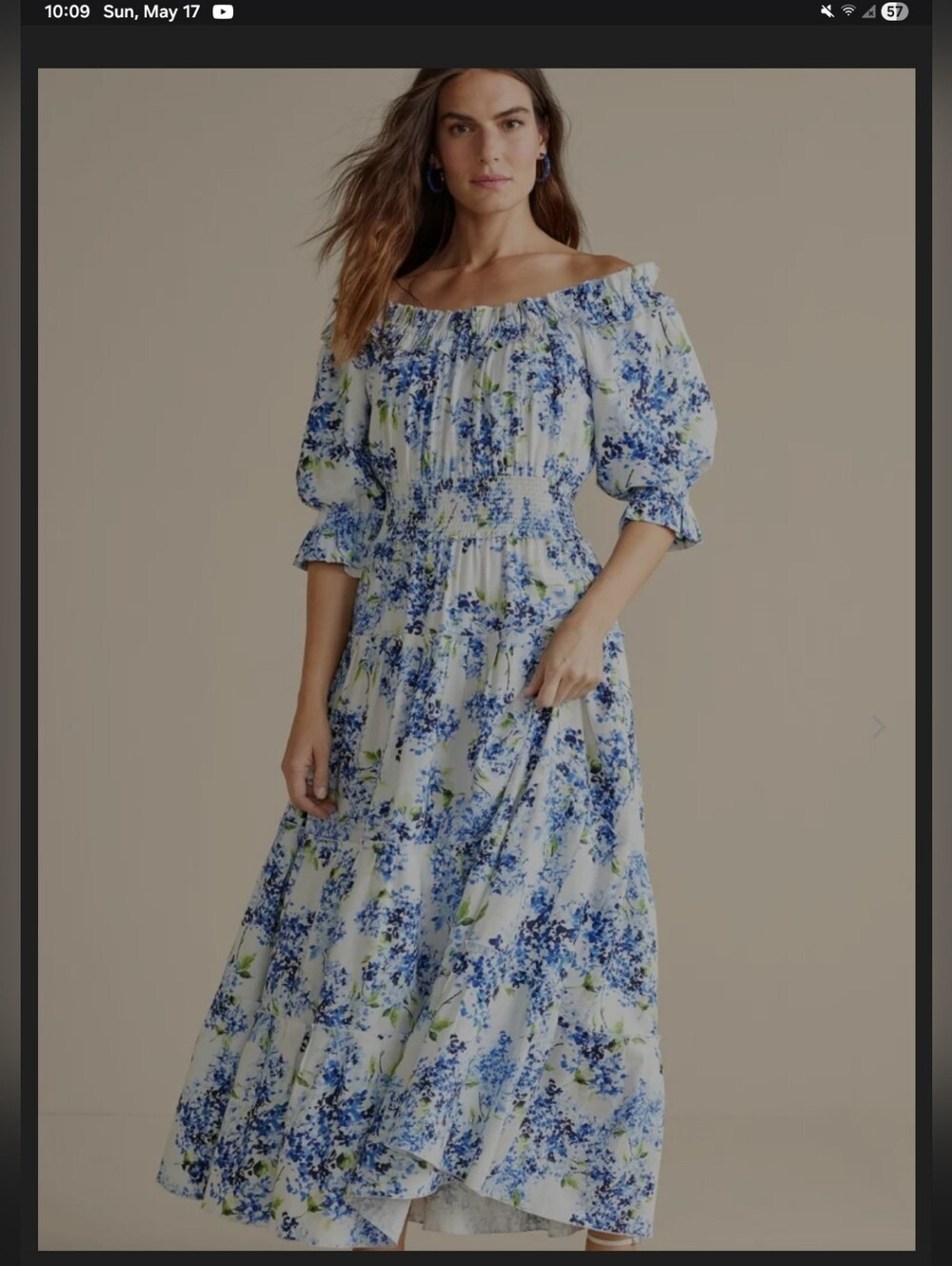 Soft Surroundings Rosana  Blue and White Floral Off-Shoulder Maxi Dress